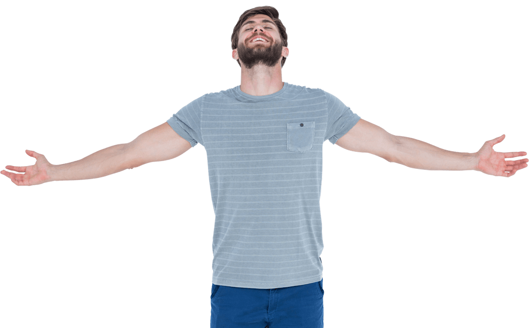 Young Man Standing with Open Arms Celebrating on Transparent Background