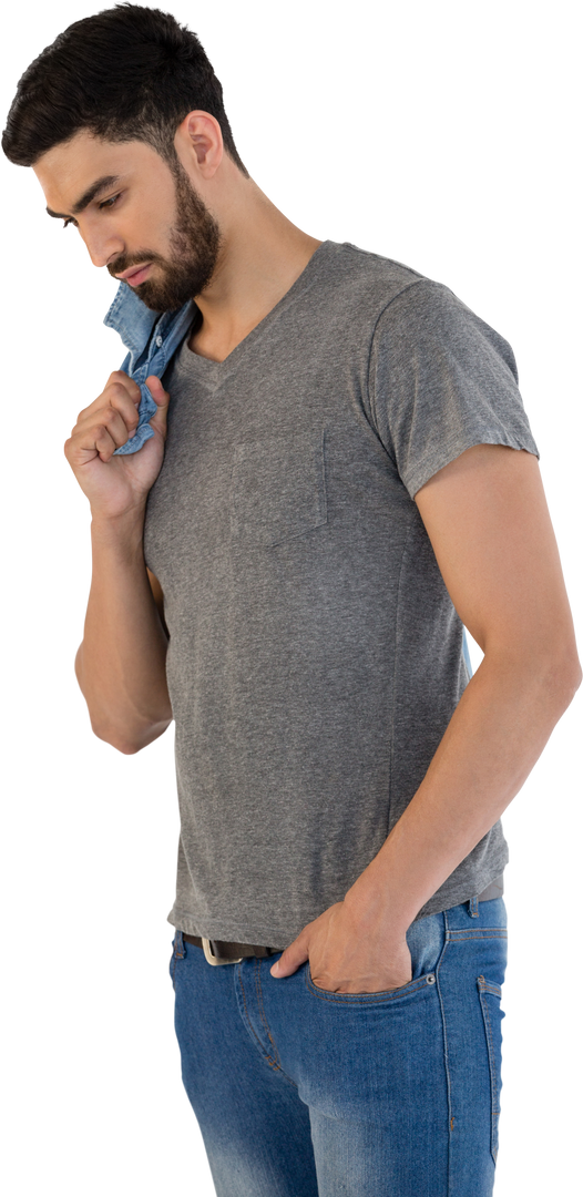 Casual Fashion Model Wearing Grey T-shirt on Transparent Background - Download Free Stock Images Pikwizard.com