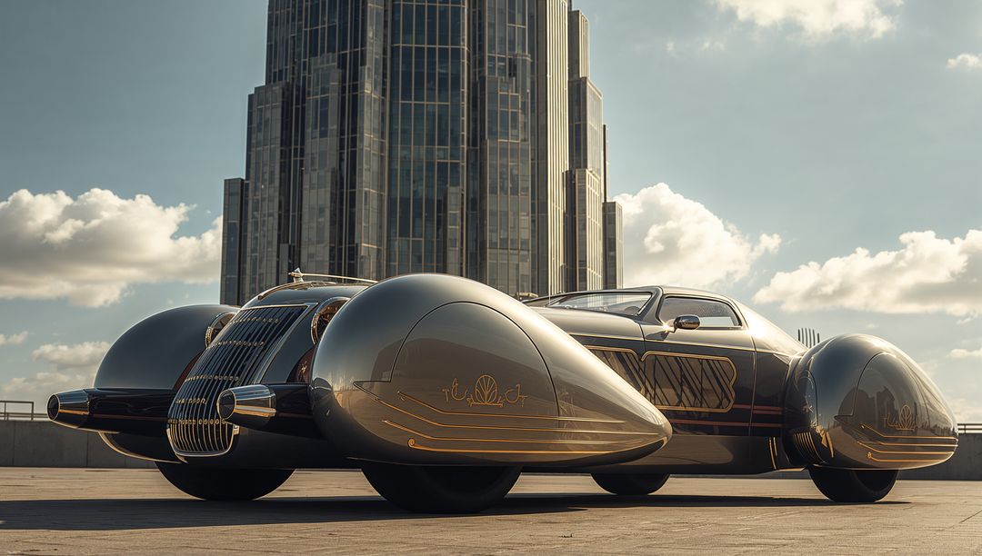 Luxury Art Deco Concept Car with Gold Trim Underground in Urban Setting