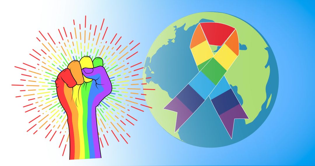 Rainbow LGBT Pride Fist and Ribbon on Globe