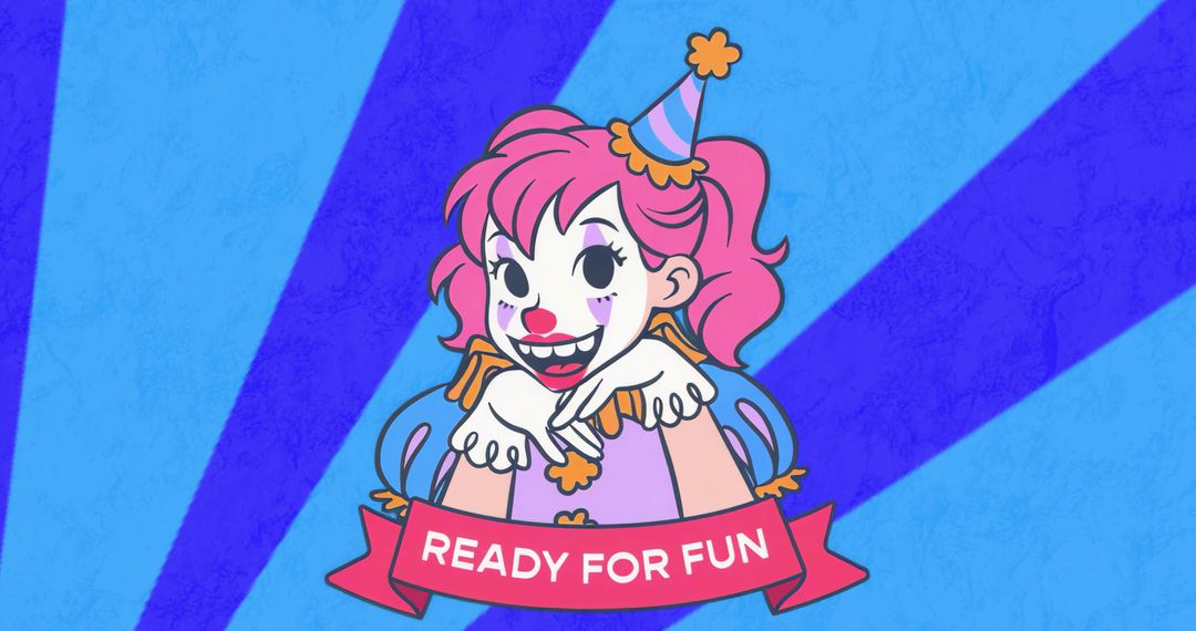 Whimsical female clown with red nose celebrating in cartoon style