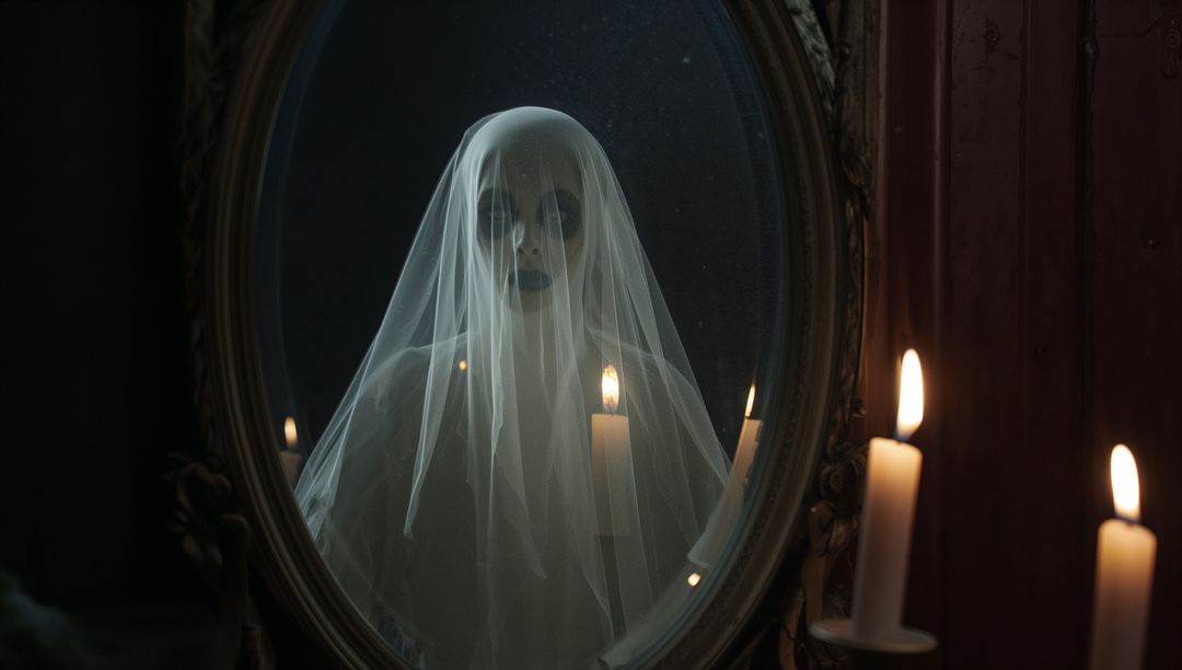 Eerie Veiled Figure Reflected in Antique Mirror with Candlelight