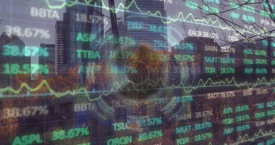 Double Exposure Cityscape with Financial Charts and Data