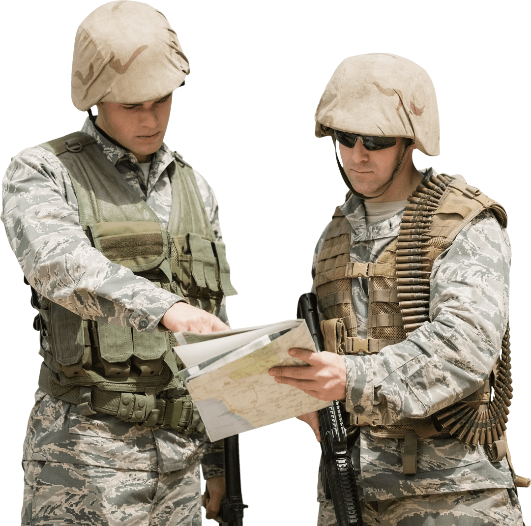 Transparent Military Soldiers Analyzing Battle Map