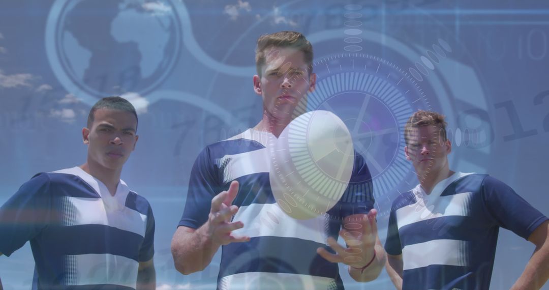 Rugby Players with Futuristic Overlays Showcasing Data and Technology Concepts