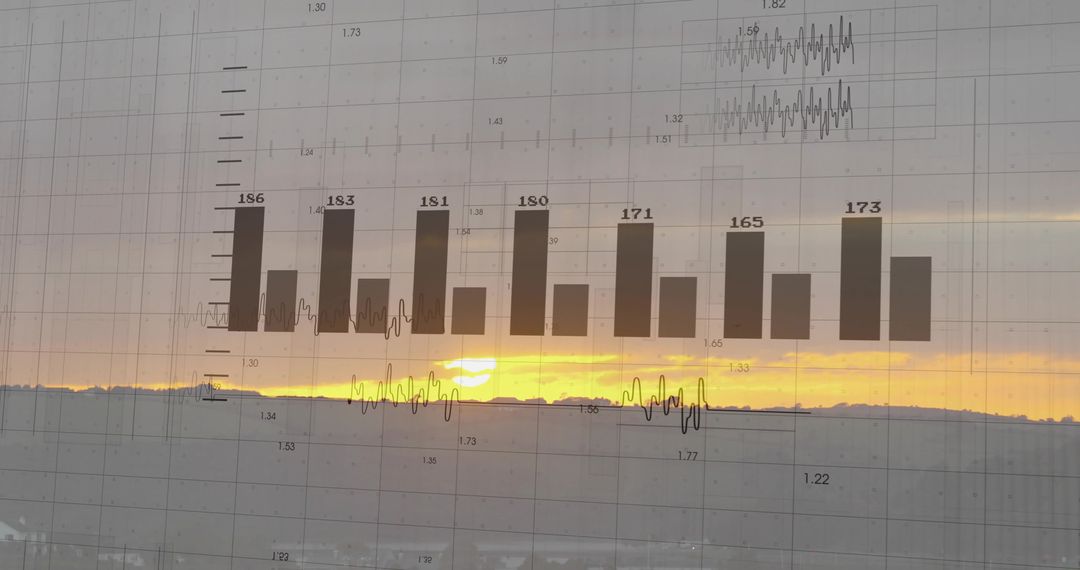 Translucent Data Chart Overlaying Sunset City Horizon on Reflective Glass with Bar Graph