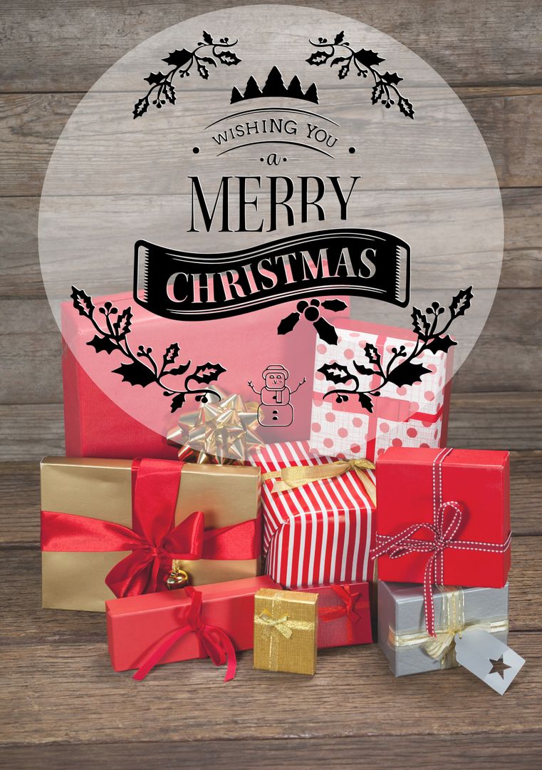 Holiday Greeting Card with Multiple Gift Boxes on Rustic Background