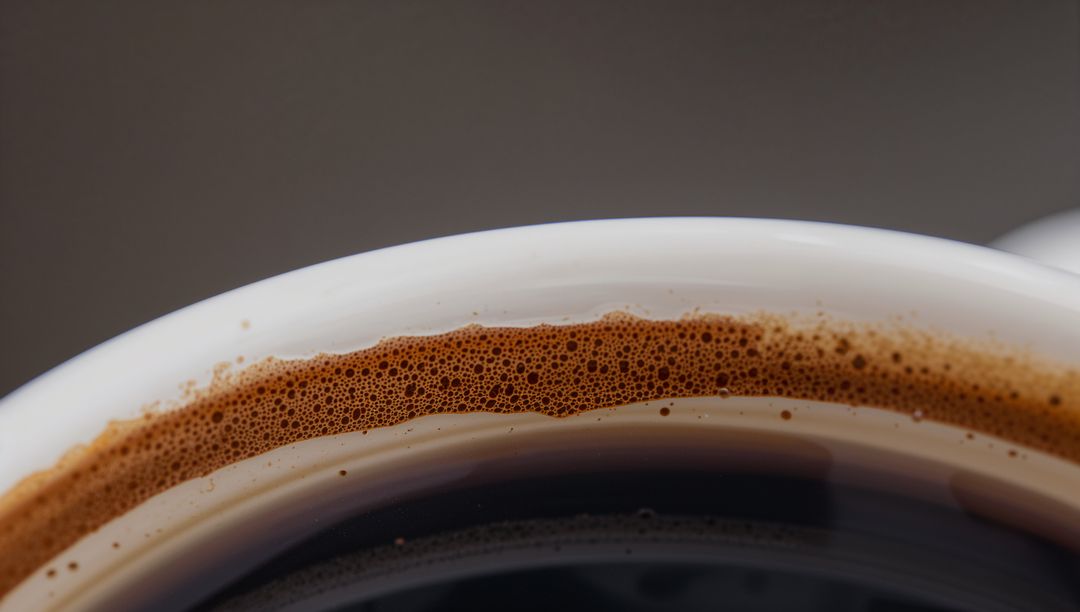 Close-up espresso cup rim showing crema bubbles on glossy white porcelain