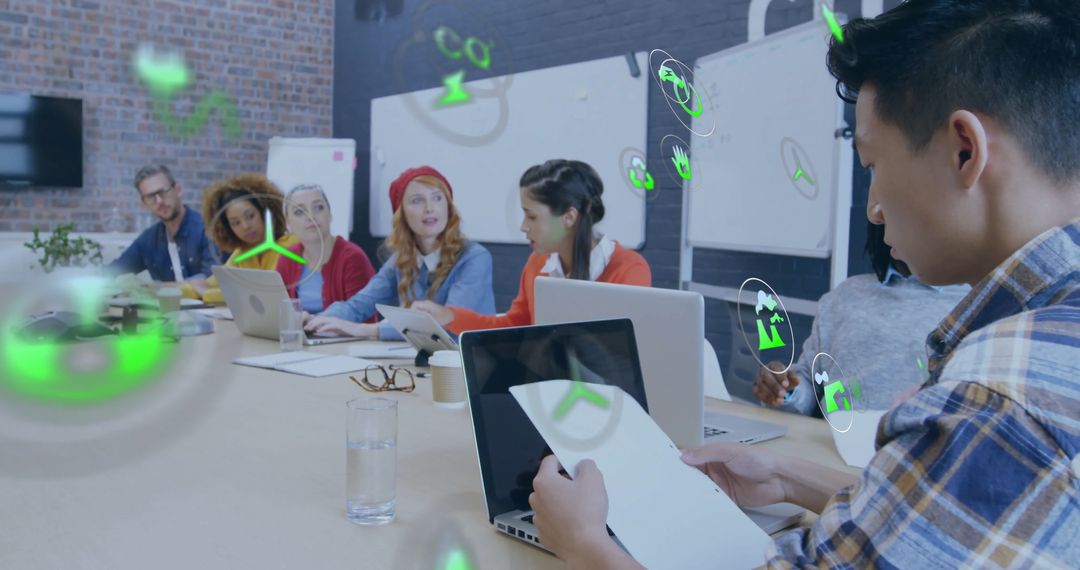 Diverse Team Collaborating with Digital Data Overlays in Modern Office