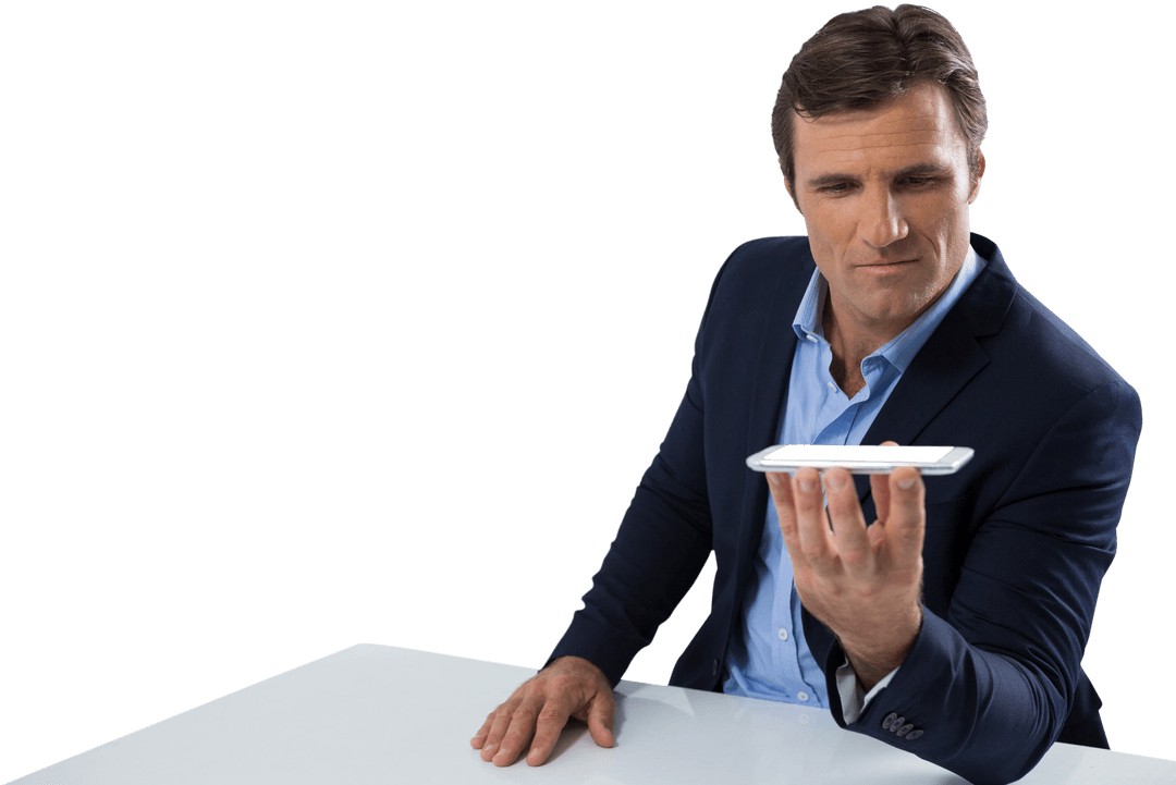 Businessman We're Holding Smartphone for Transparent App Display