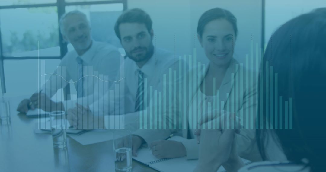 Financial Data Overlaid on Business Team in Conference