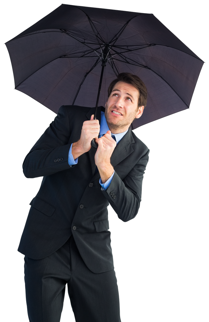 Worried Businessman Sheltering Under Large Transparent Black Umbrella - Download Free Stock Images Pikwizard.com