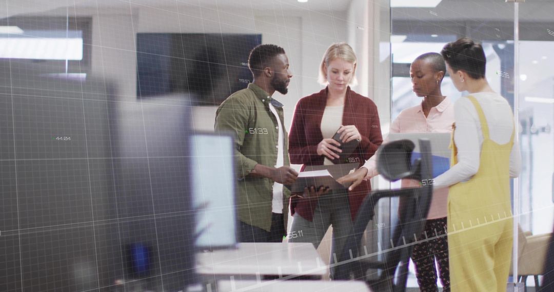 Diverse Team Collaborating in Modern Glass Office with Digital Overlay