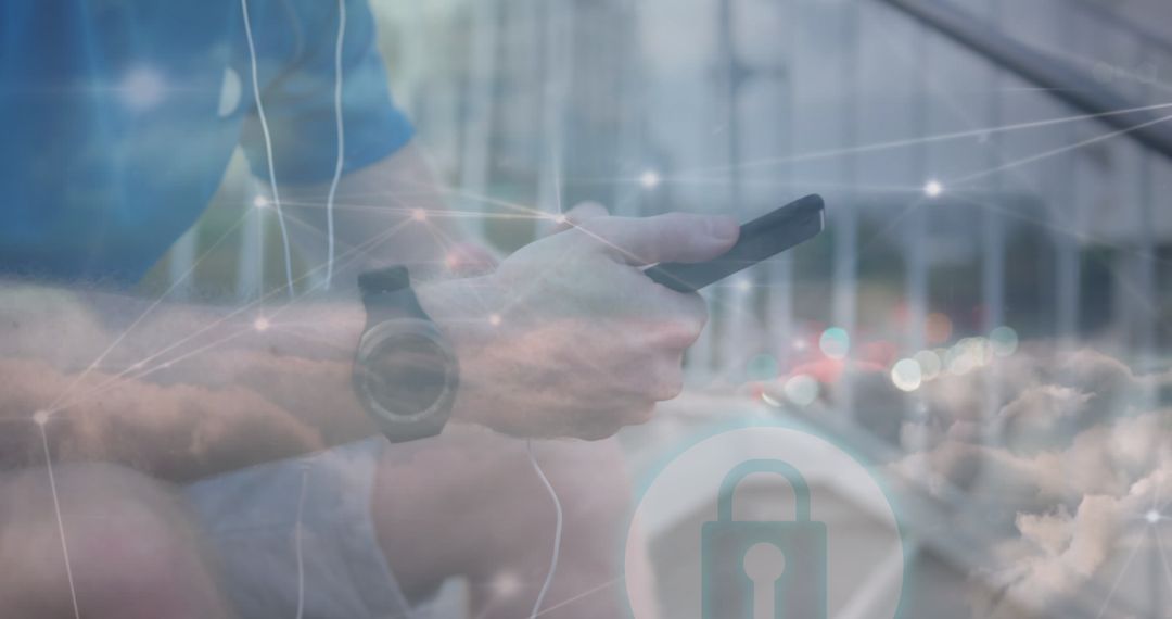 Man Listening to Music with Smartphone, Digital Connections Overlay