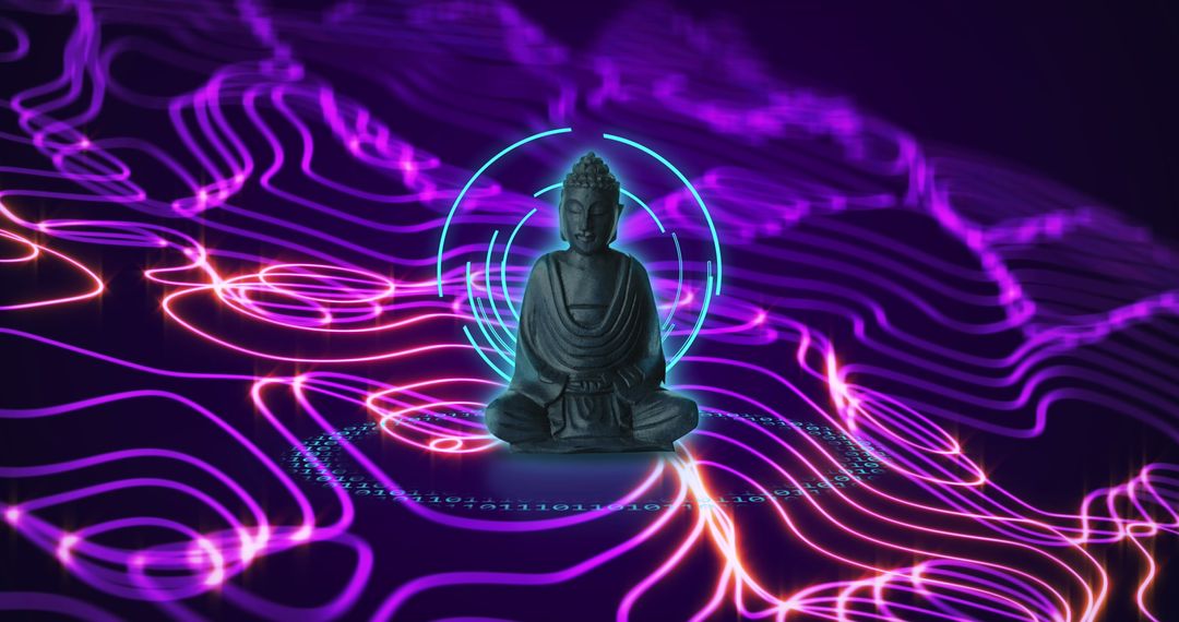Buddha Statue Amidst Futuristic Digital Wave Patterns