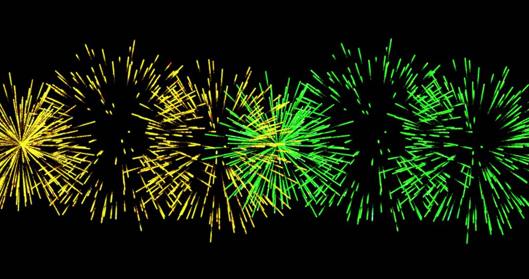 Dynamic Yellow and Green Fireworks Illuminate Night Sky