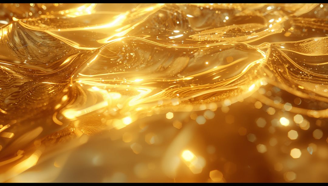 Shimmering Golden Liquid with Light Reflections and Sparkling Bokeh