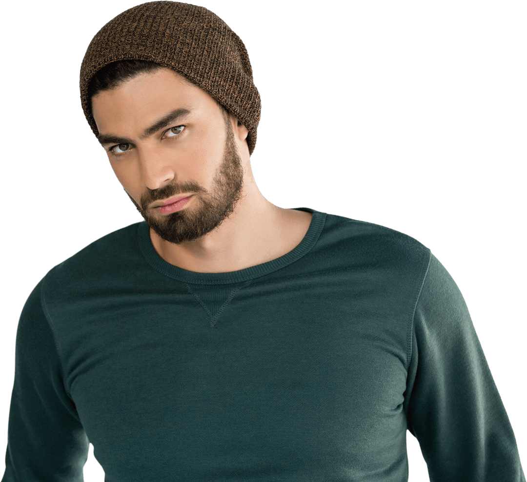 Man Wearing Knit Hat and Sweater Against Transparent Background