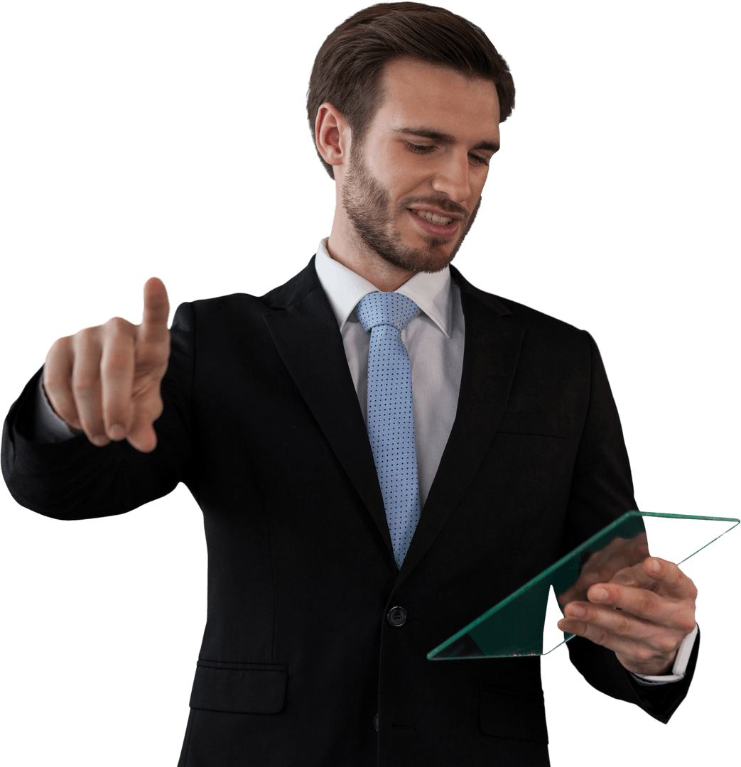 Businessman Interacting with Transparent Glass Interface on Invisible Screen