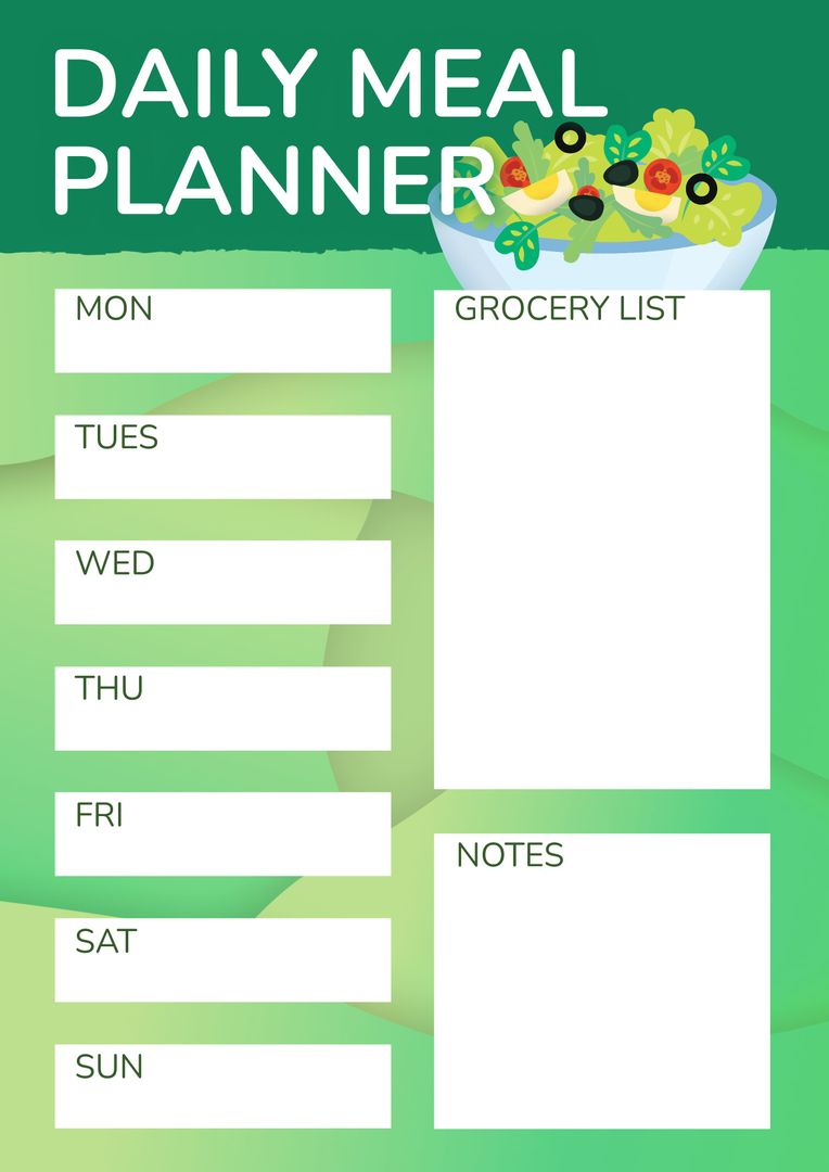 Weekly Meal Planner and Grocery List Template with Salad Illustration - Download Free Stock Templates Pikwizard.com