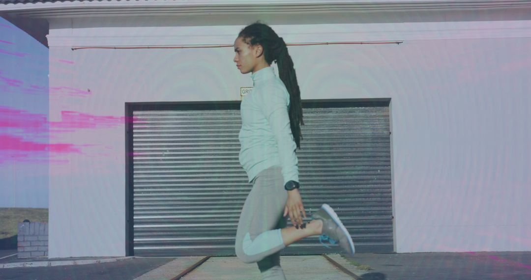 Digital Exercise: Woman Stretching with Pink Trails Outdoors