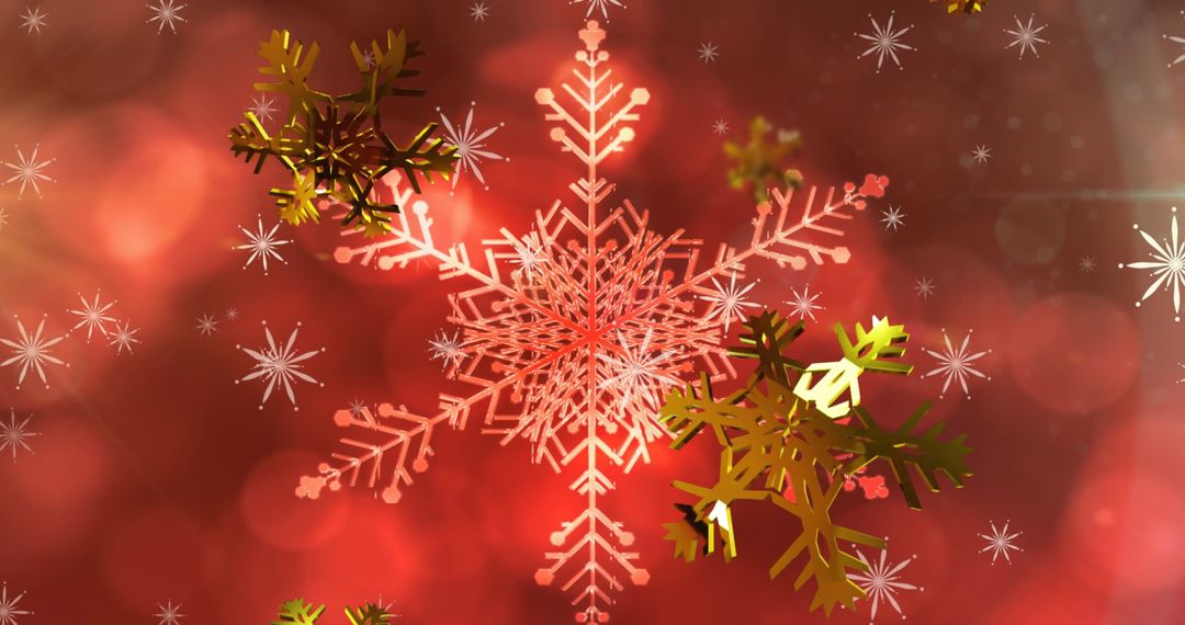 Golden Snowflakes Falling Against Red Festive Background