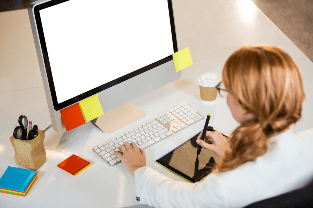 Transparent Desktop Workspace with Professional Graphic Designer