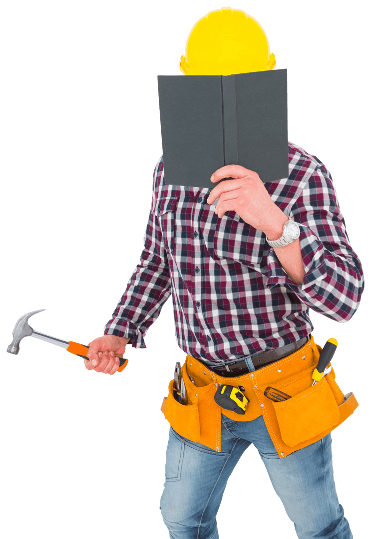 Transparent Handyman Holding Hammer and Reading Diary