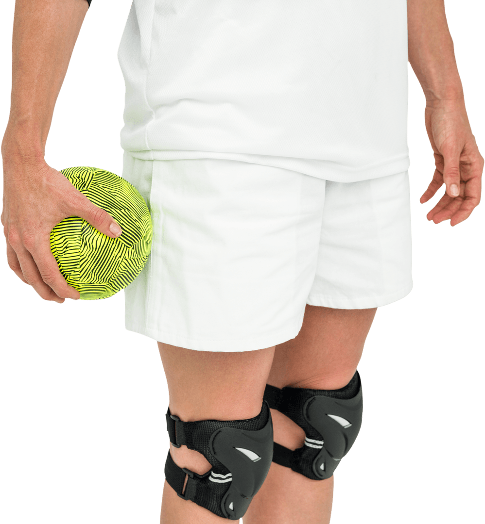 Transparent Image of Sportswoman Holding Ball with Knee Braces