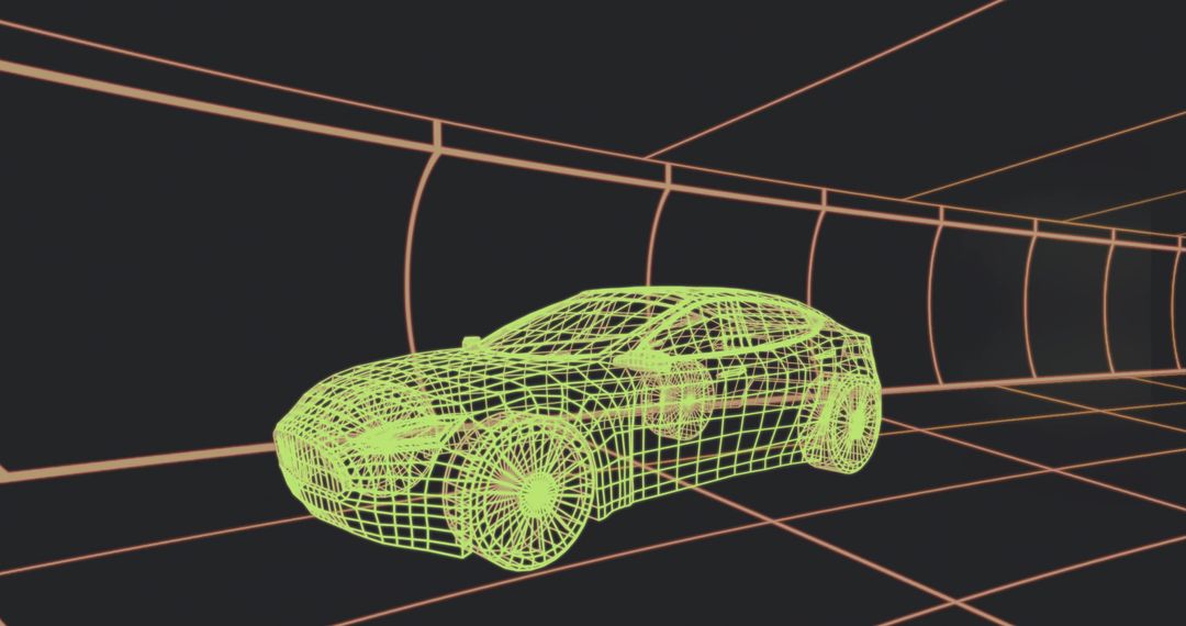 Futuristic Neon Wireframe Car Model in Digital Tunnel