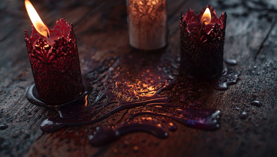 Carved Red Wax Candles Flicker on Rustic Table Creating Cozy Ambiance