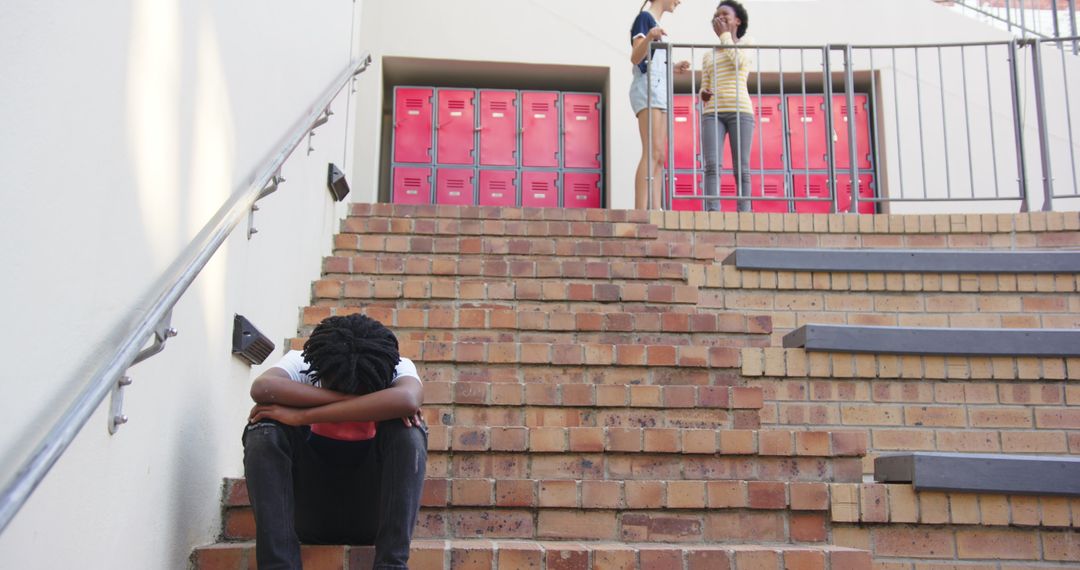 Lonely Student Sitting on Staircase with Peers Nearby at School