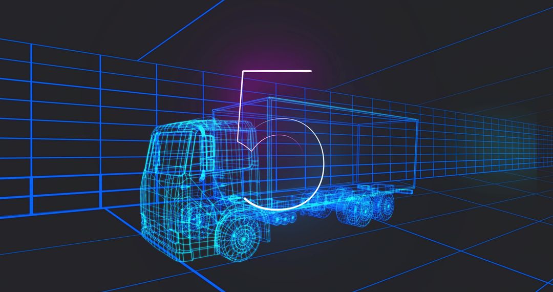 Futuristic neon wireframe 3D semi-truck and trailer rotating in virtual grid with number 5
