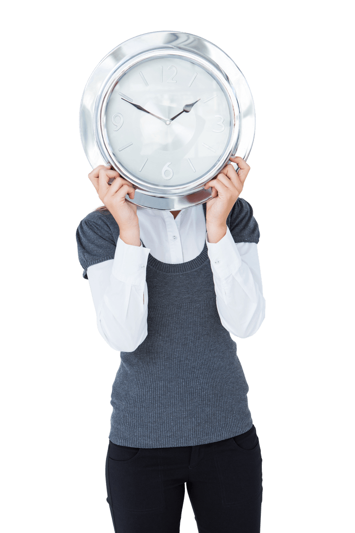 Woman Holding Silver Clock on Transparent Background