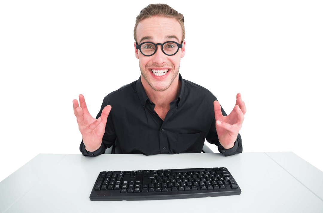 Joyful Professional Celebrating Success at Desk with Transparent Background