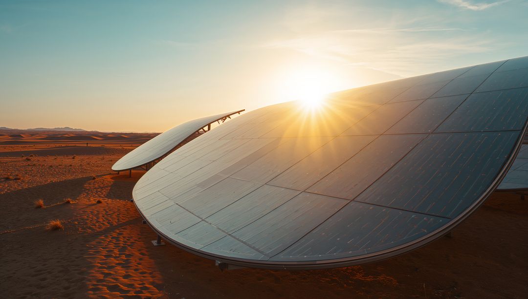 Curved ground-mounted solar arrays in desert at sunset capturing golden sunlight