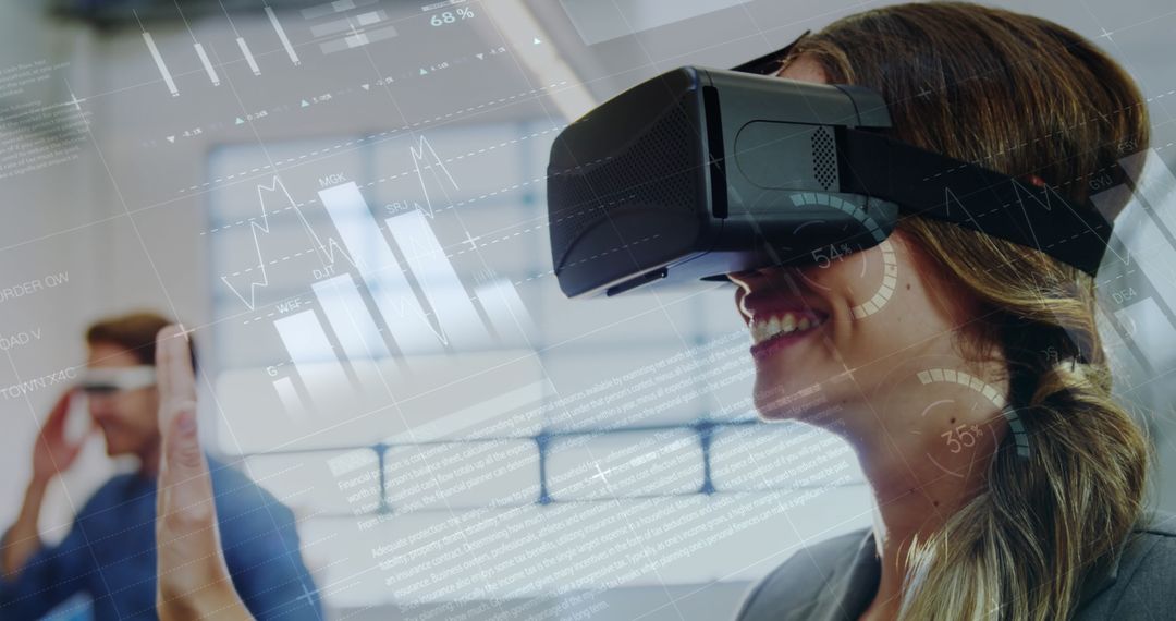 Smiling Woman Using VR in High-Tech Business Environment