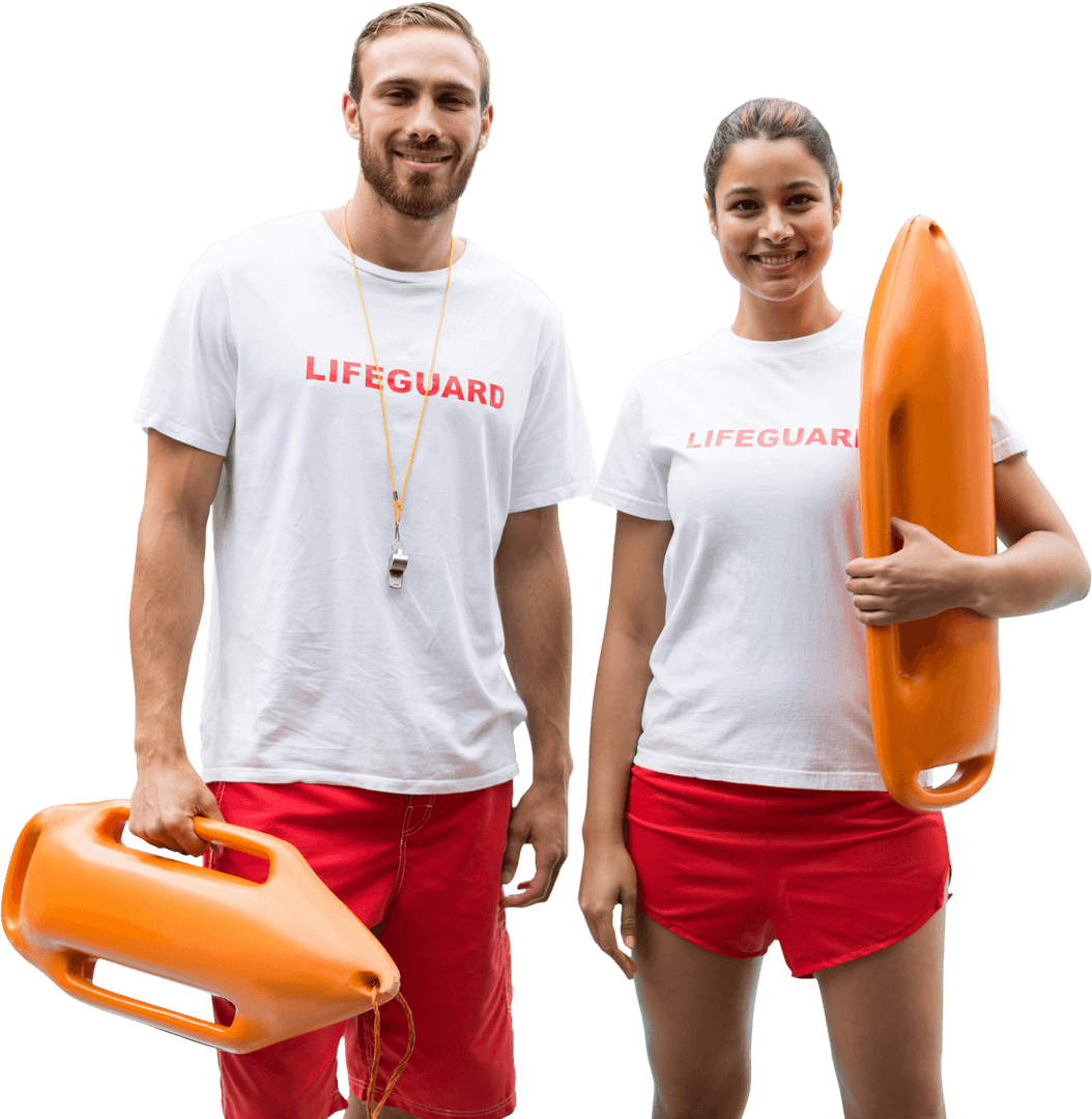 Two Dedicated Lifeguards in Uniform with Rescue Buoy Transparent