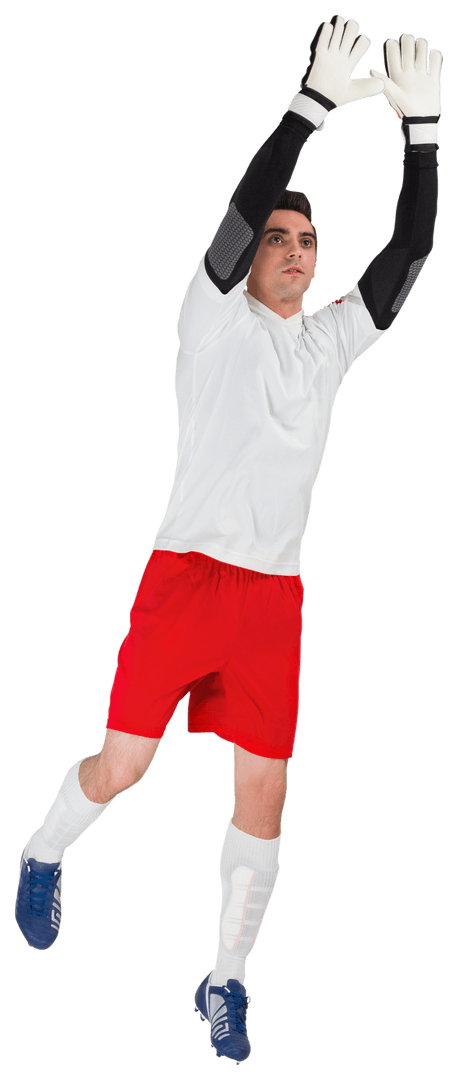 Dynamic Goalkeeper in White Uniform Making Save Transparent Background