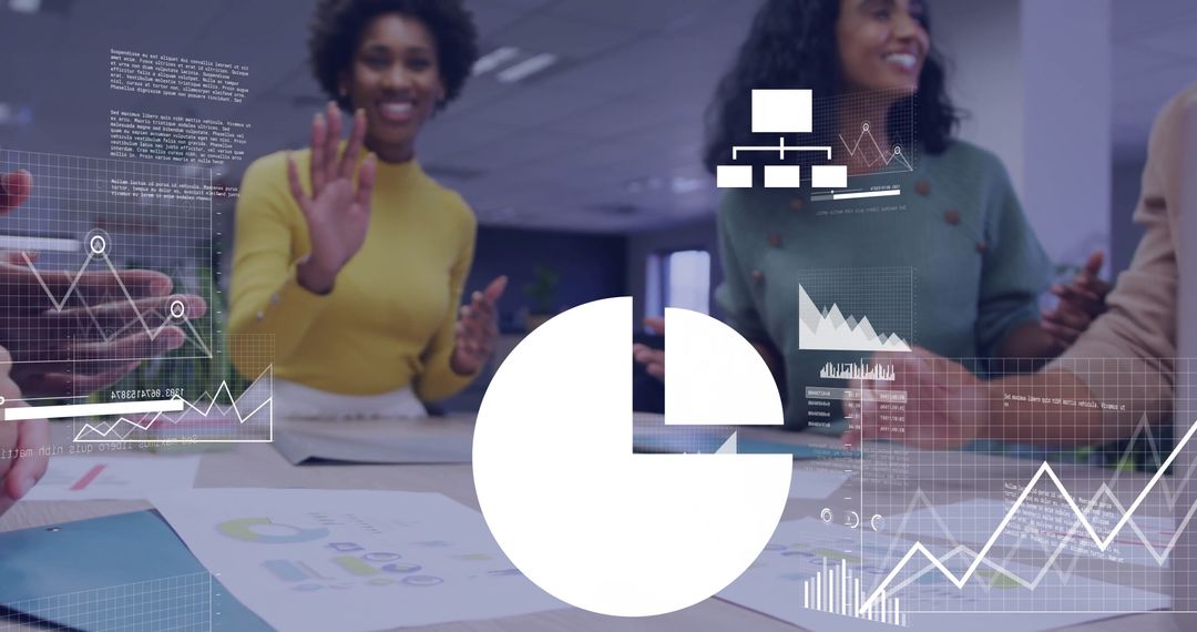 Diverse Team Analyzing Project Data with Interface Overlay