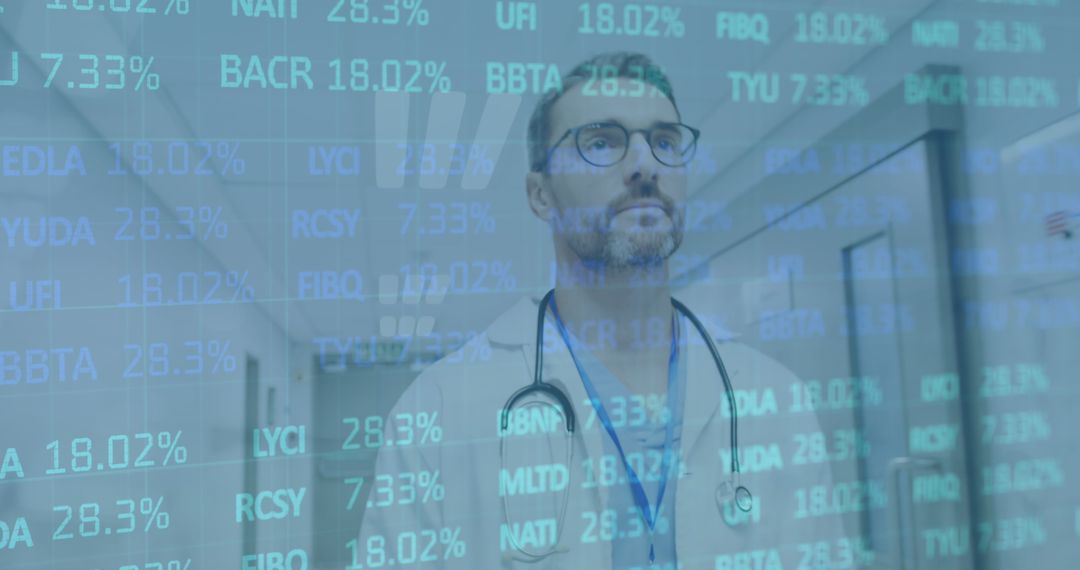 Doctor Walking with Financial Data Projection