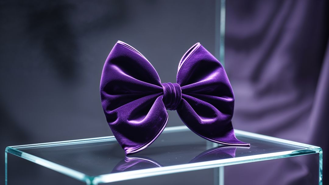 Oversized Purple Velvet Bow on Glass Display in Elegant Gallery