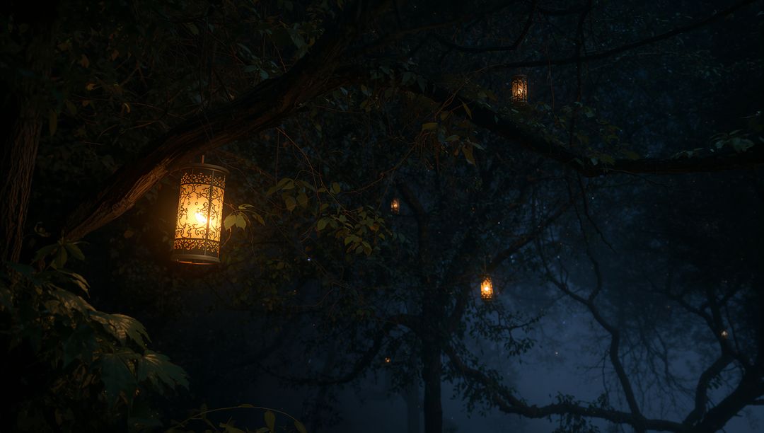 Glowing Ornate Lanterns Casting Patterned Light Through Misty Forest Canopy on Soft Night