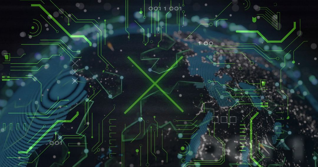 Futuristic Globe with Neon Circuitry and Binary Code