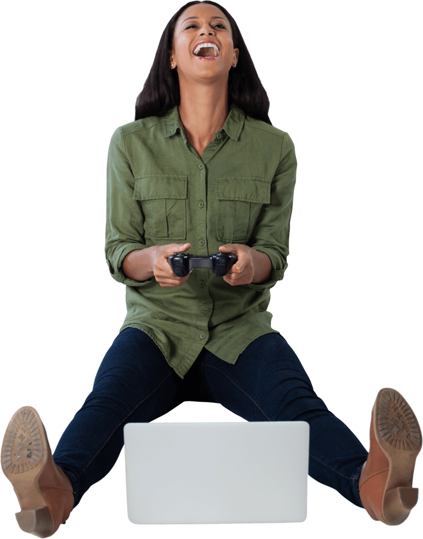 Ecstatic Woman Playing Video Game Laptop Transparent Background
