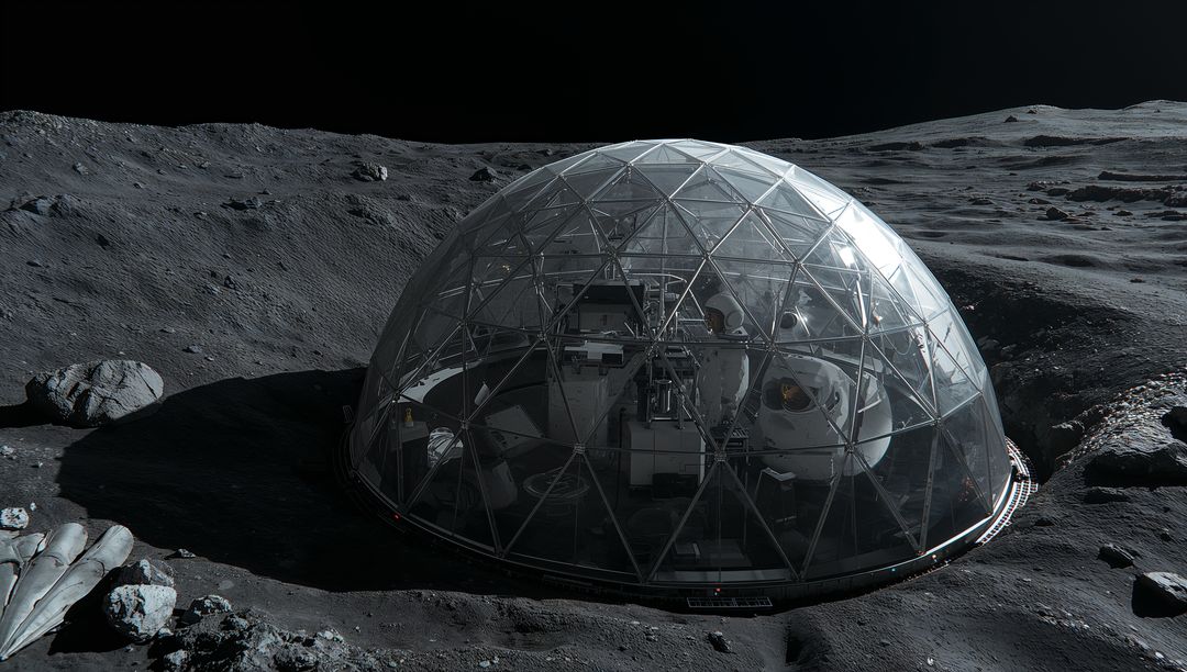 Geodesic Glass Lunar Habitat Occupying Crater, Housing Astronauts, Robotic Arm and Consoles