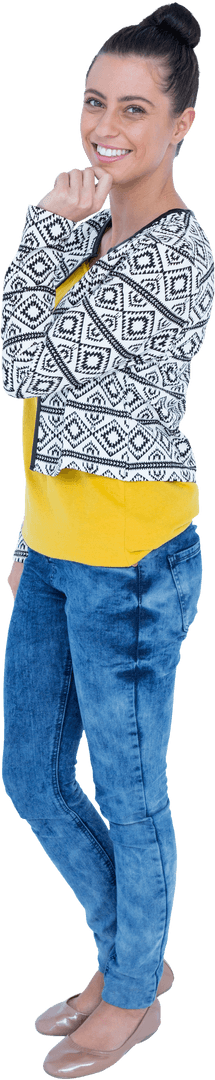 Portrait of Smiling Woman with Hand on Chin in Patterned Jacket