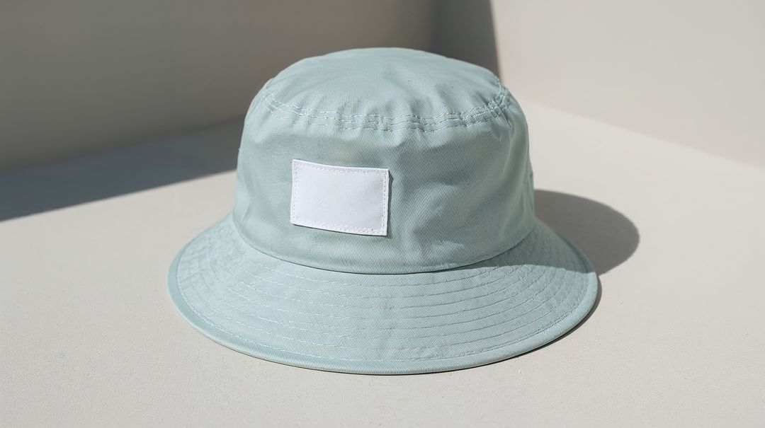 Mint Green Bucket Hat with Blank Label on Neutral Tabletop