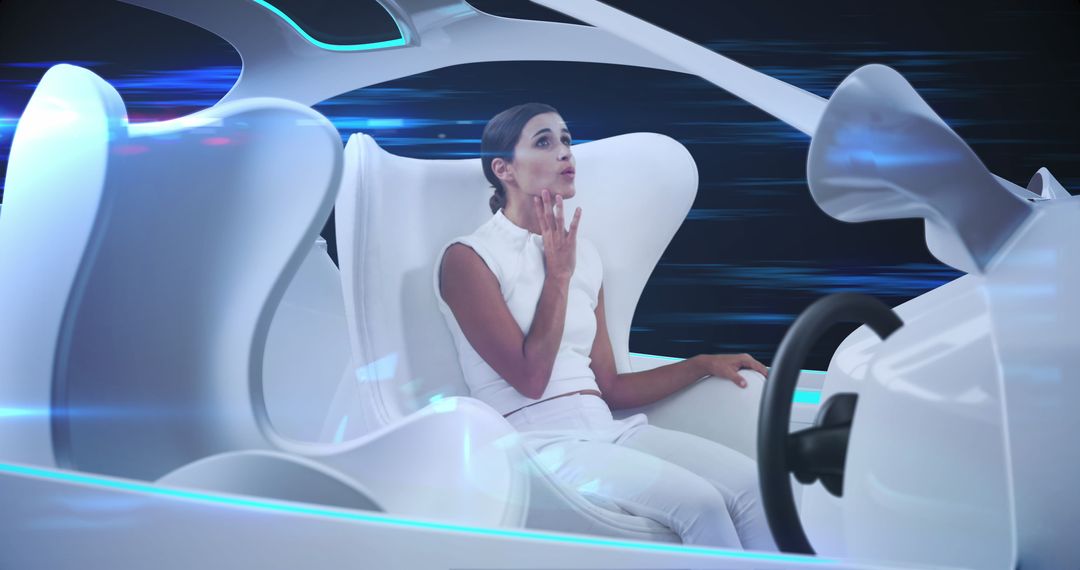 Woman Relaxing in Futuristic Self-Driving Car Through City