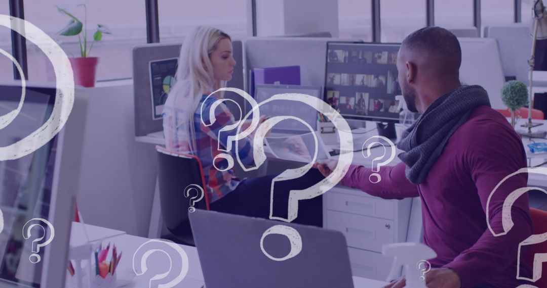 Team Collaboration Over Document in Modern Office with Overlaying Question Marks